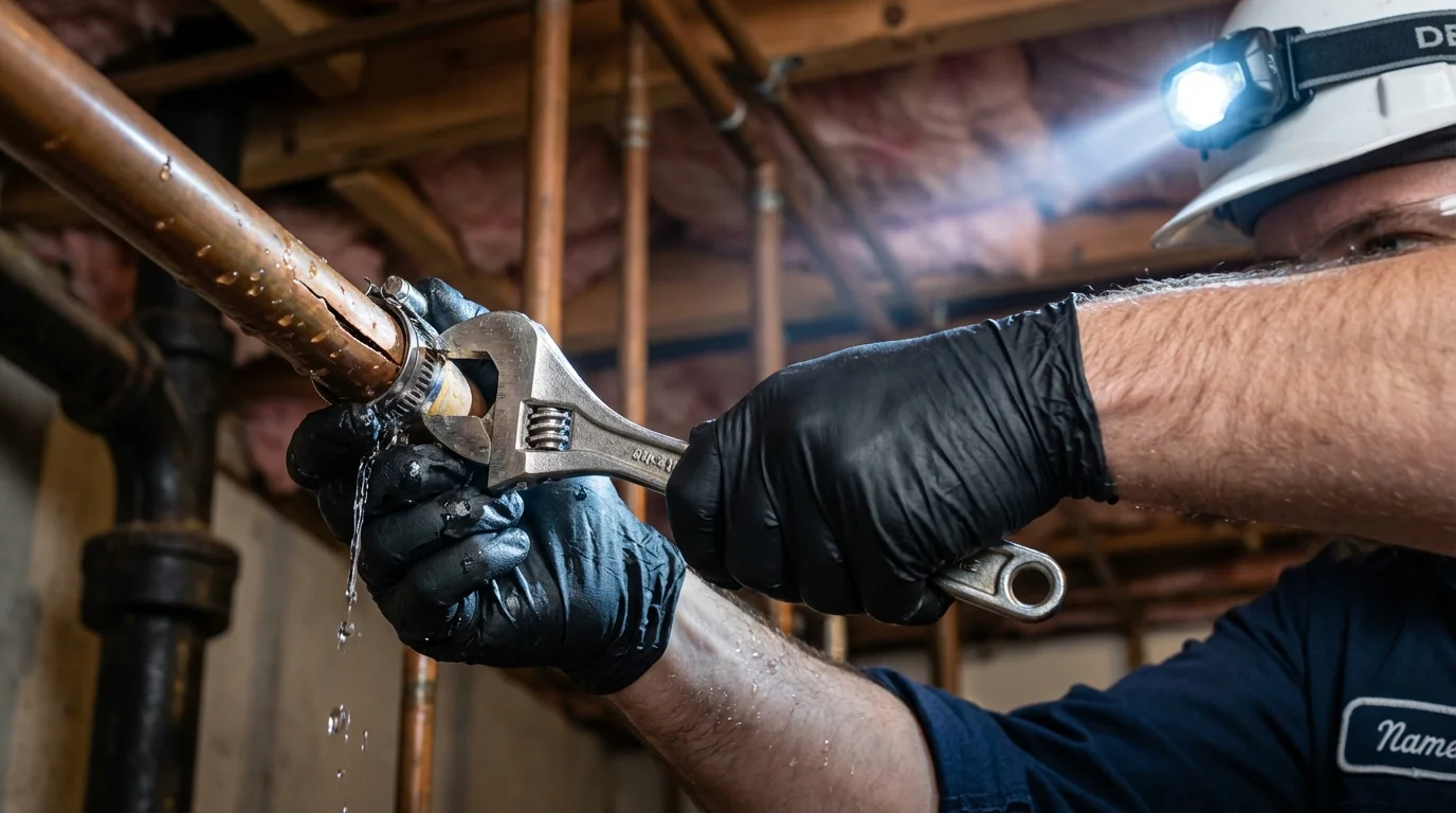 Emergency pipe clamp repair being performed by a Johns Plumbing LLC plumber in Union City