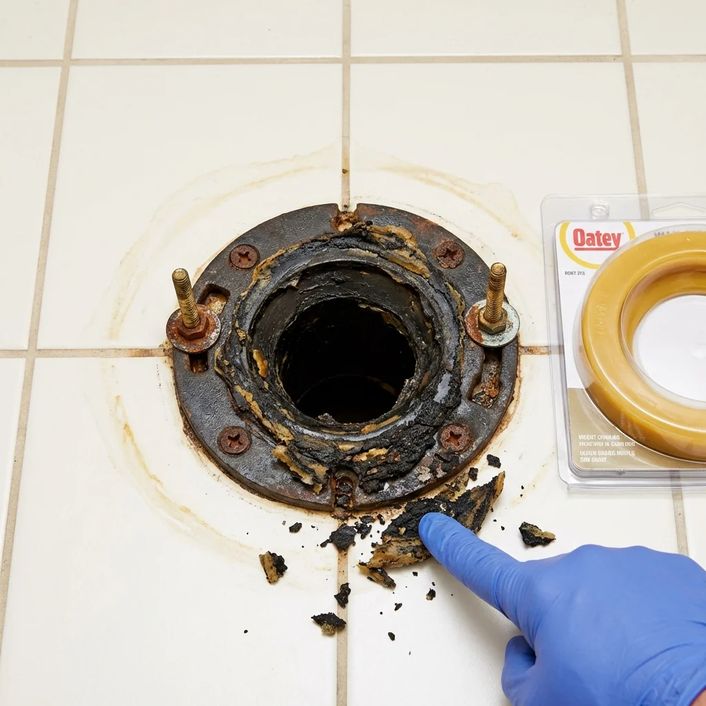 Failed wax ring showing water seepage at the base of a toilet in a Union City, PA home