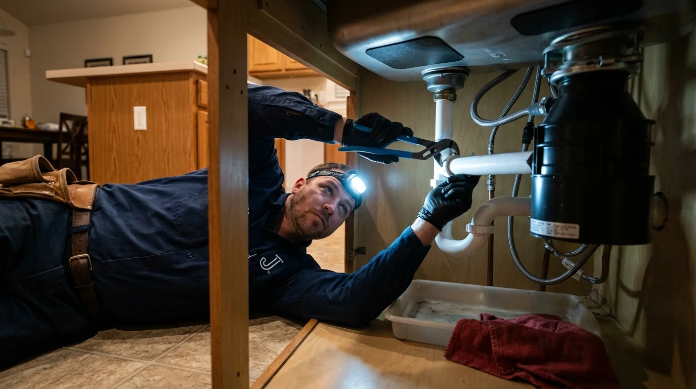 P-trap and supply line connections under a kitchen sink showing a common leak point in Union City, PA